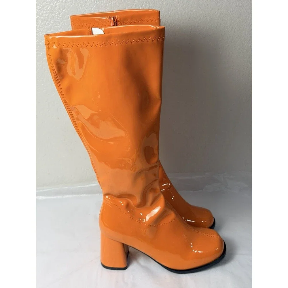 FUN Women’s Orange Patent Go Go Knee High Boots Block Heel Size 6 New